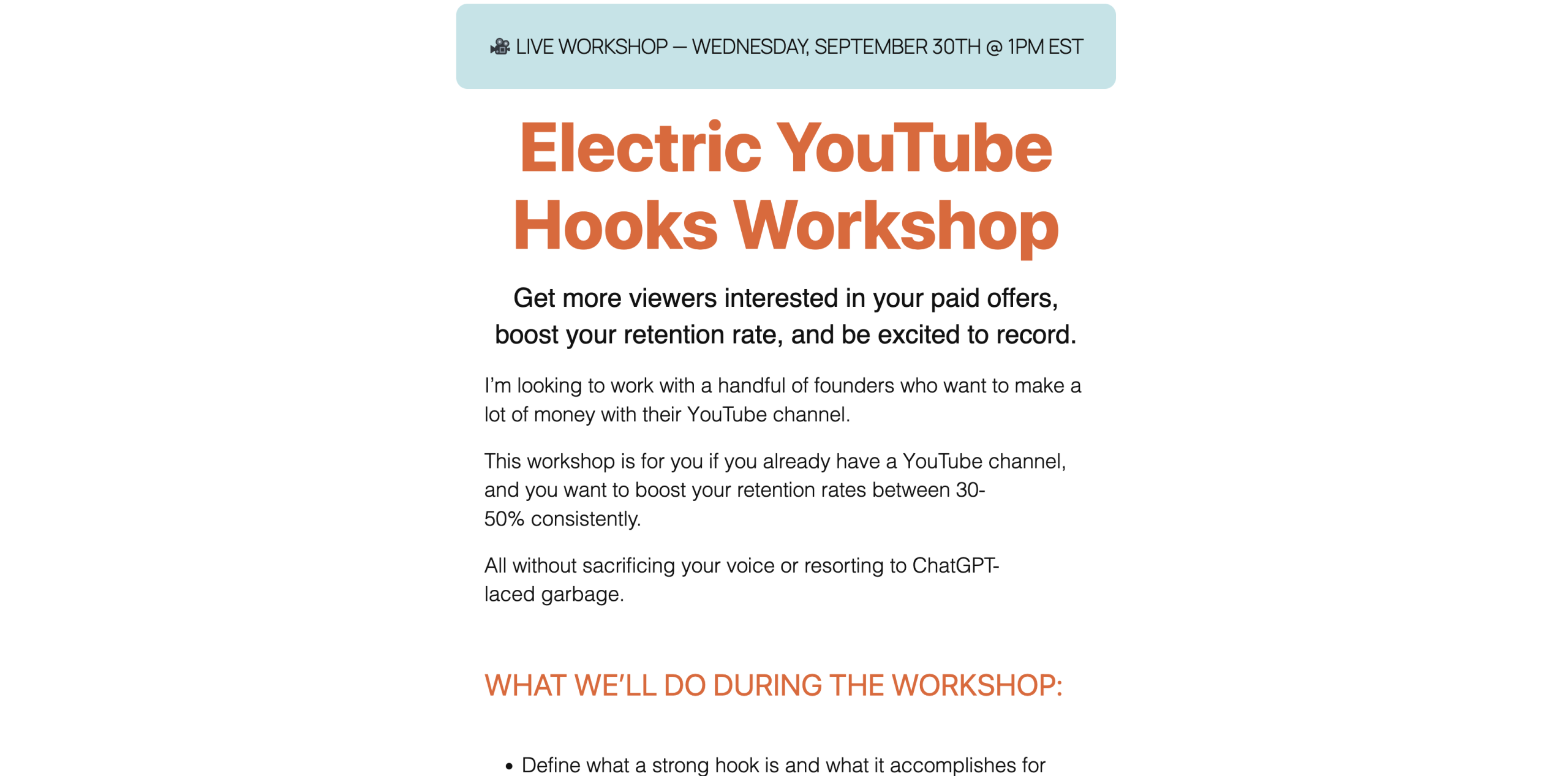 “Electric YouTube Hooks Workshop” is coming up…